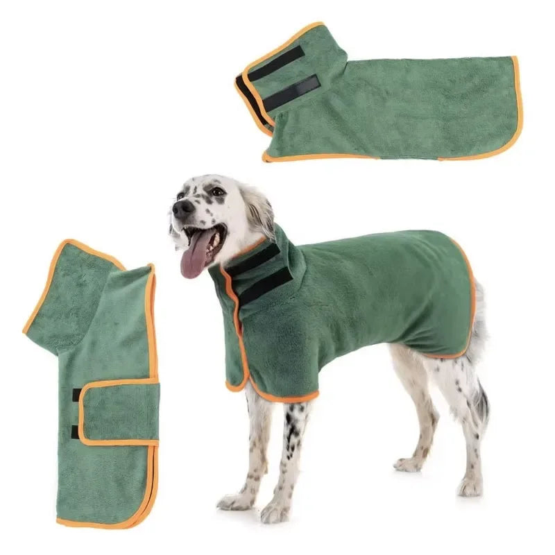 A green quick-dry absorbent pet bathrobe for dogs and cats shown on a dog.