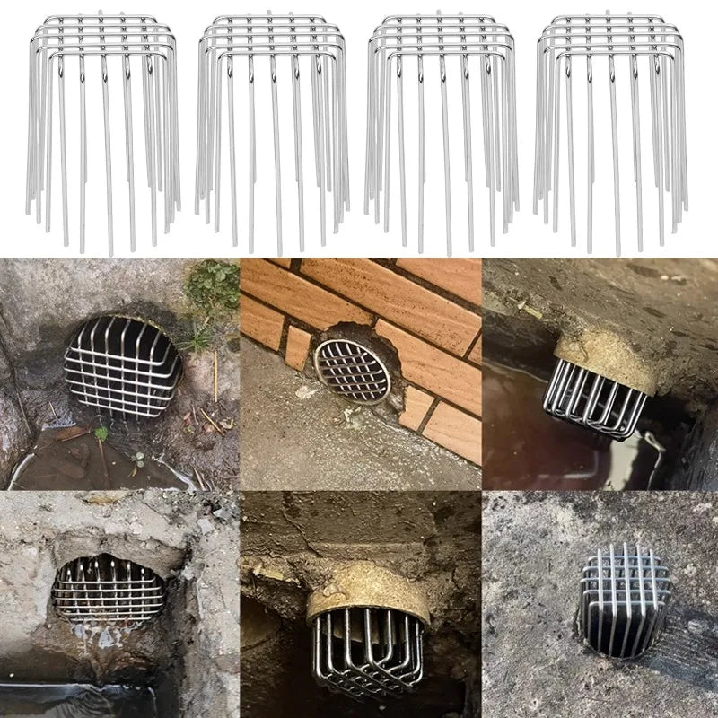 Multiple views of stainless steel roof and floor drain mesh covers for various applications.
