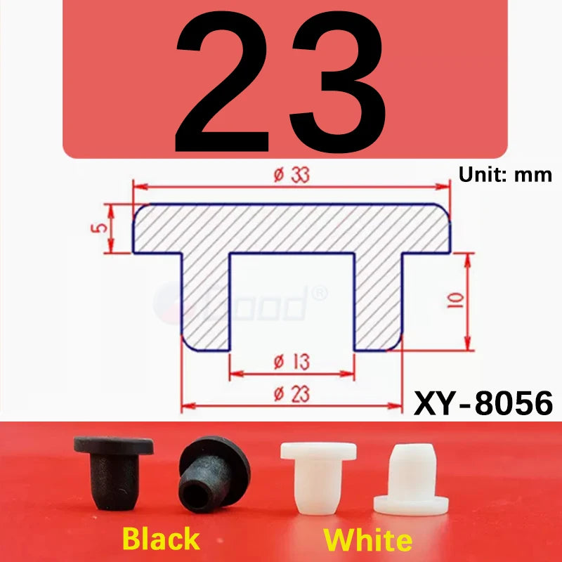 Black and white silicone rubber hole plugs shown next to the number 23 for sealing