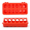 Red double-sided 12-hole poultry feeder for quail, chicks, and small birds.