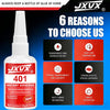 A bottle of JXUV 401 instant adhesive glue with a white nozzle and various reasons to choose the product.