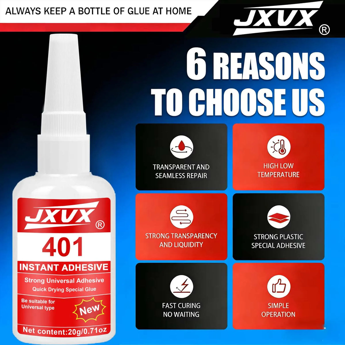 A bottle of JXUV 401 instant adhesive glue with a white nozzle and various reasons to choose the product.