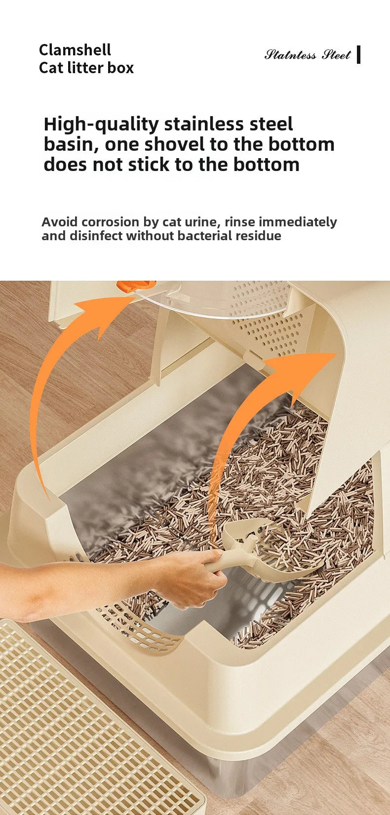 A hand scoops cat litter from a stainless steel cat litter box with a flip-top lid.
