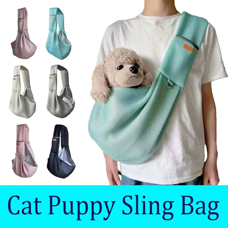 A person is wearing a light green breathable mesh sling bag designed for carrying a cat or puppy.