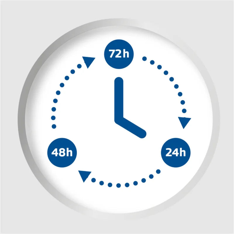 Icono circular que muestra duraciones de tiempo (72h, 48h y 24h) alrededor de un reloj.