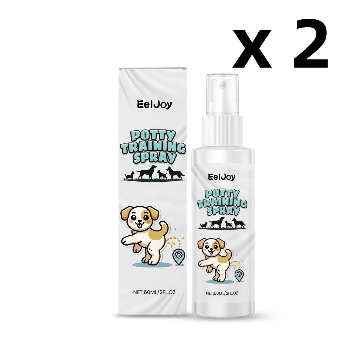 Two bottles of EelJoy Potty Training Spray for dogs, showing the product packaging and spray mechanism.