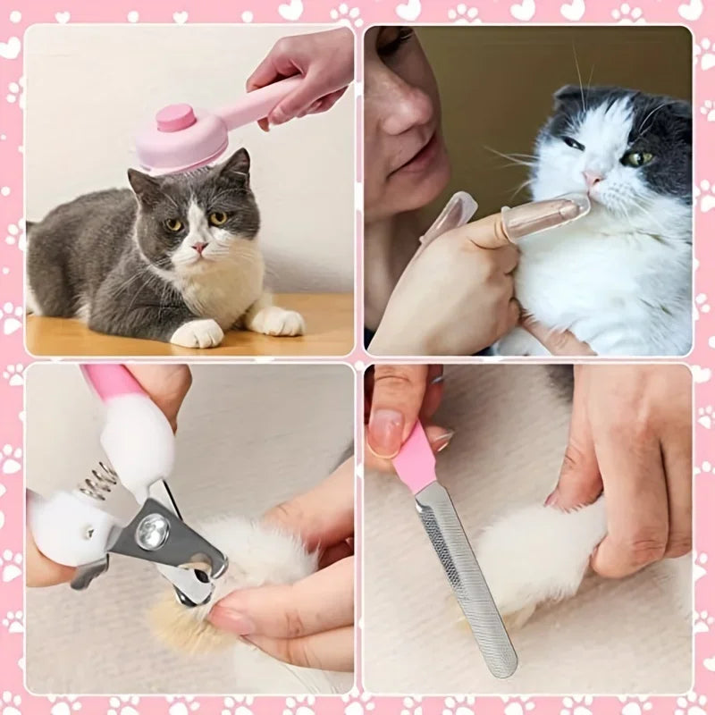 Tierpflege-Set, das Hände benutzt, um Krallenpflege und Baden bei einer Katze zu pflegen.