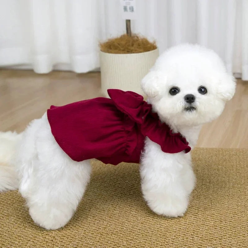 Vintage Corduroy Pet Dress with Bow and Ruffle Skirt