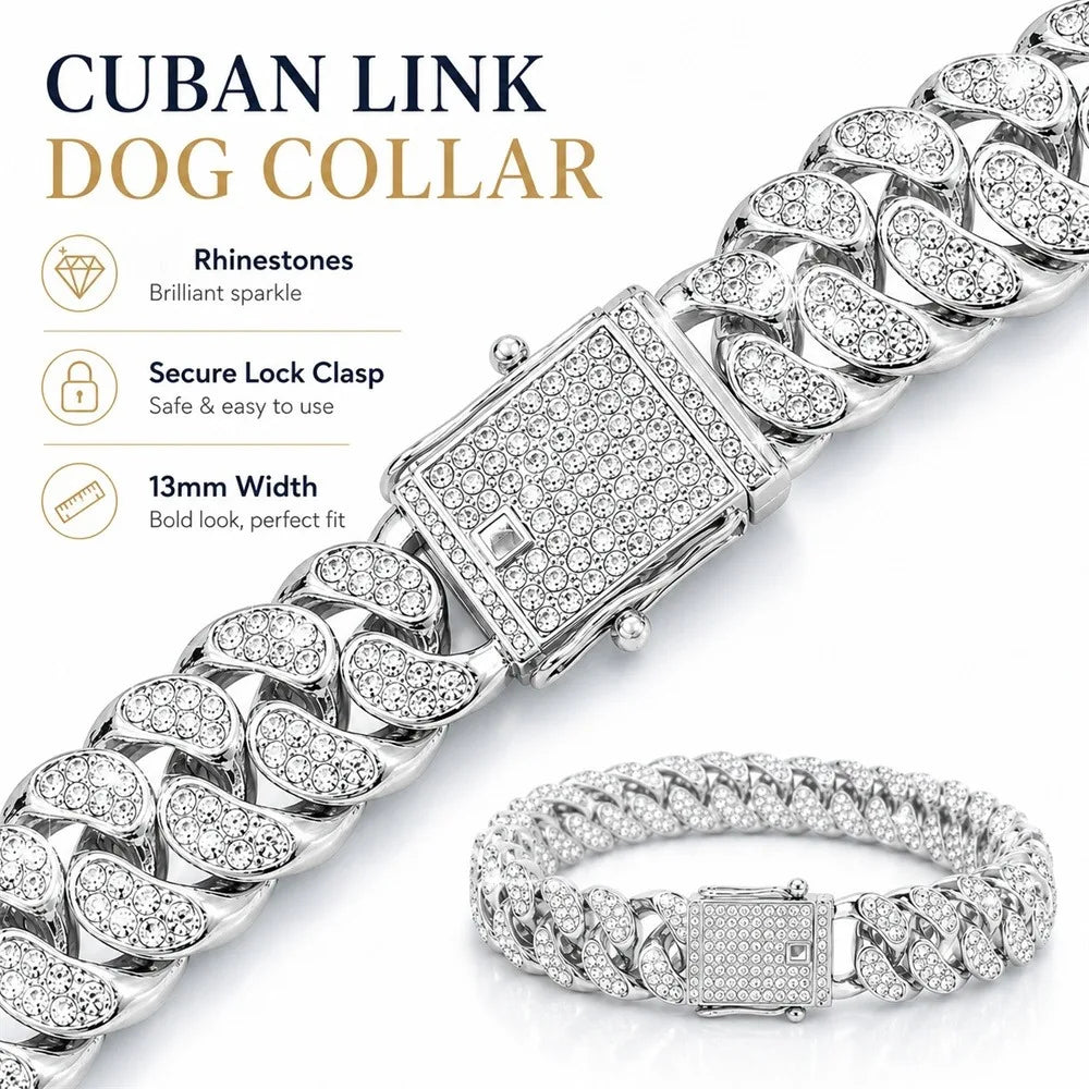 Silberner Diamantketten-Halsband und passende Armbandkette für Hund