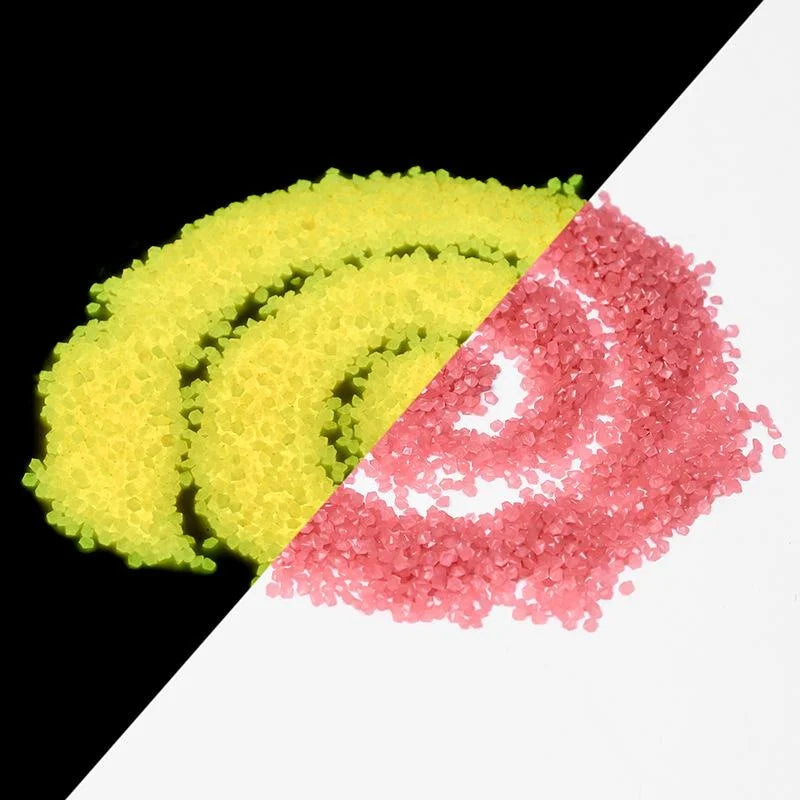 A split image showing yellow and pink glow-in-the-dark decorative pebbles.
