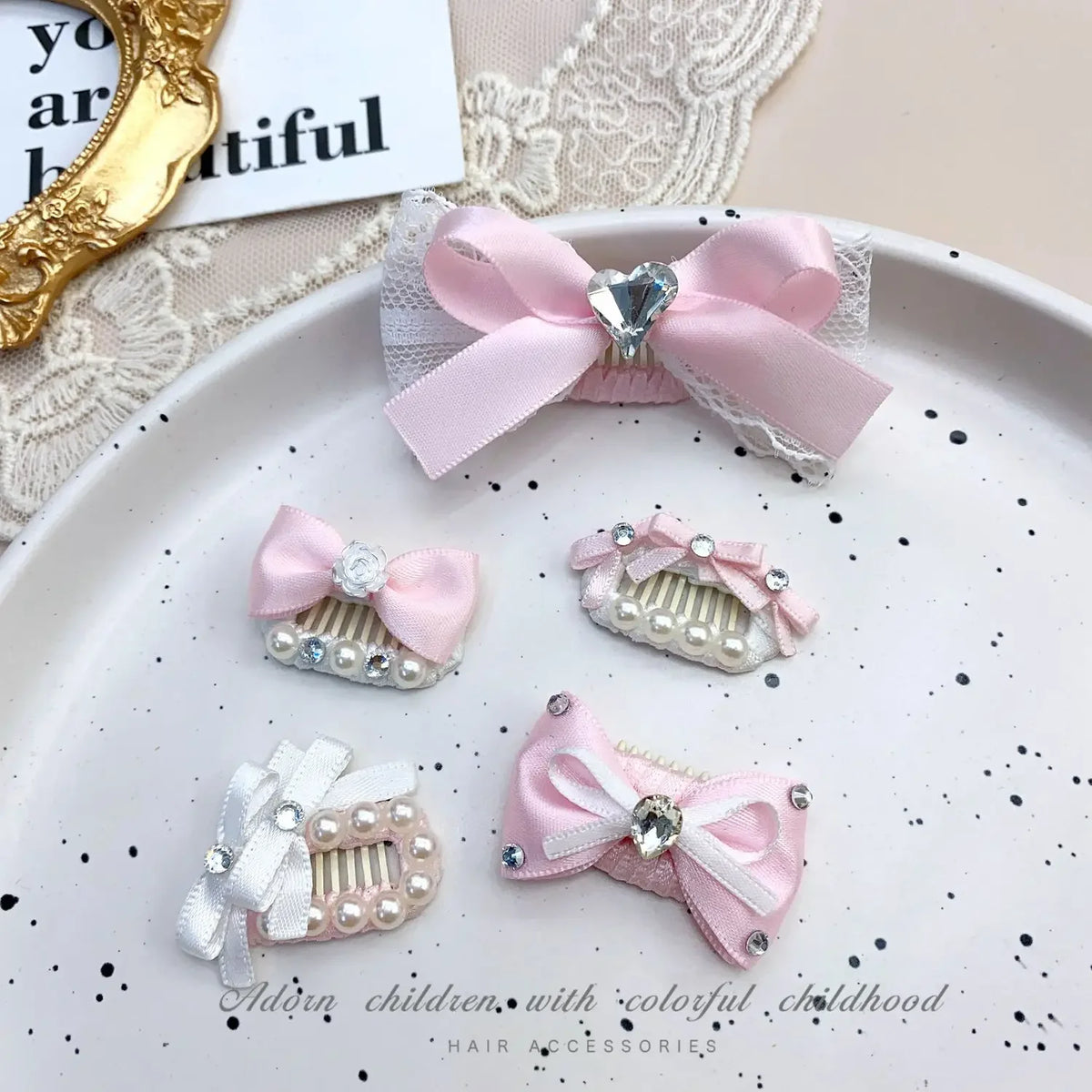 Pink Bow Pet Hair Clip with Rhinestone & Pearl Accents