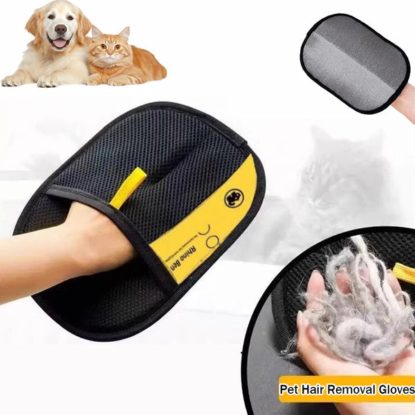 A black pet hair removal glove is shown being used to remove hair from a cat and dog.