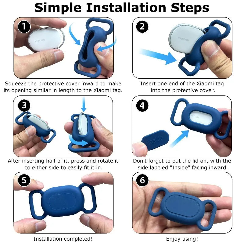 Six steps showing the installation of a silicone protective case for a pet tracker with a collar mount