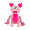 A pink plush animal toy resembling a pig with large eyes and pink ears, made of rope material.