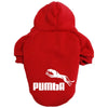 A red cozy fleece pet hoodie for dogs featuring a white puma graphic.