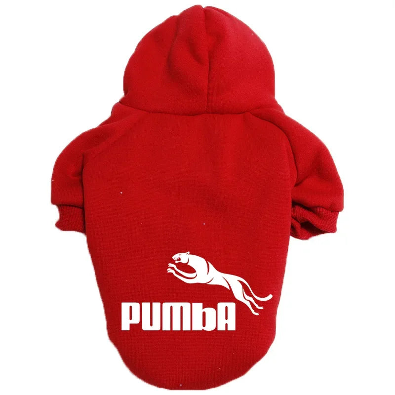 A red cozy fleece pet hoodie for dogs featuring a white puma graphic.