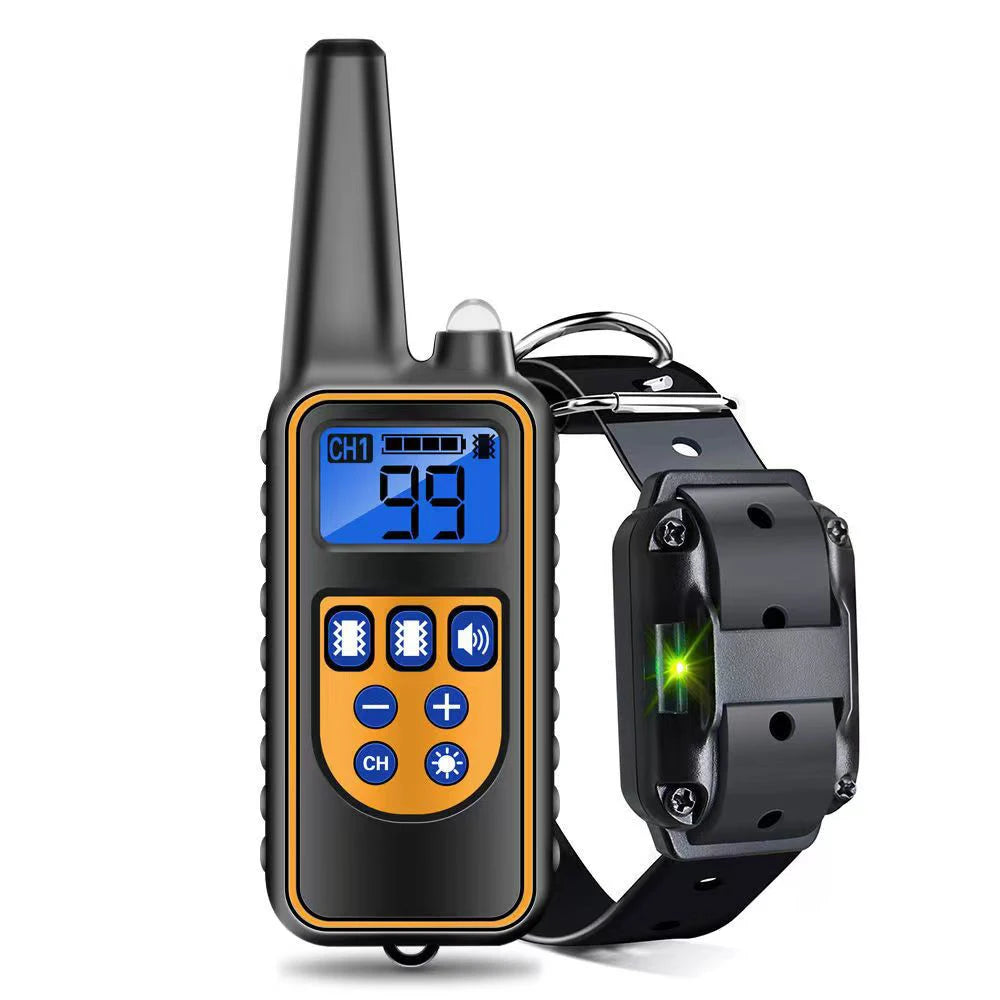 A black rechargeable remote dog training collar with an LCD display and buttons.