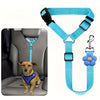 Blue pet car seat belt harness with a clip and a flower-shaped tag for vehicle safety
