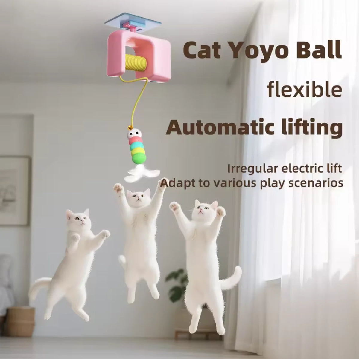 A white cat is being lifted by a pink automatic electric hanging toy called the Cat Yoyo Ball.