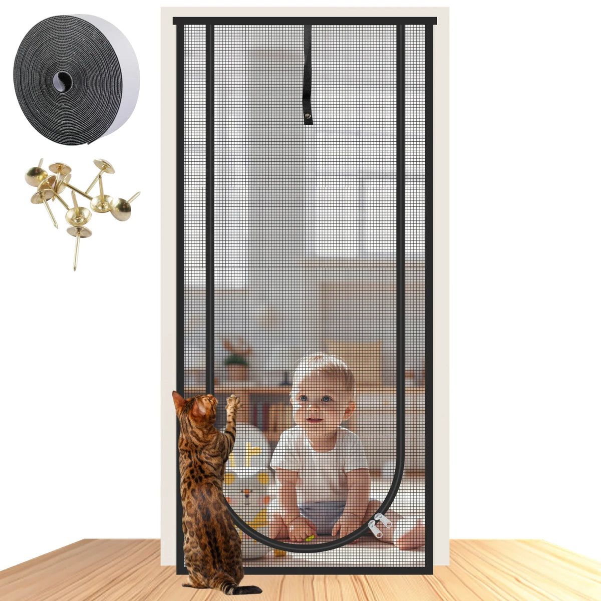 Pet Screen Door Curtain with Double Zipper – Scratch-Resistant Mesh for Interior Doors
