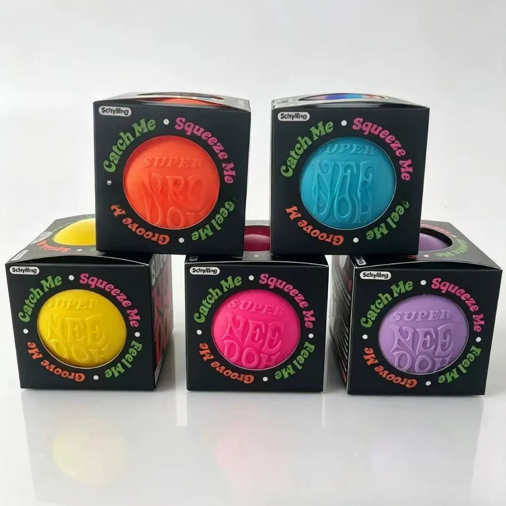 A set of five Scylling Groovy Glob stress balls in various colors including orange, blue, pink, and purple.