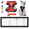 A red pet harness for a cat shown next to a size chart and color options.