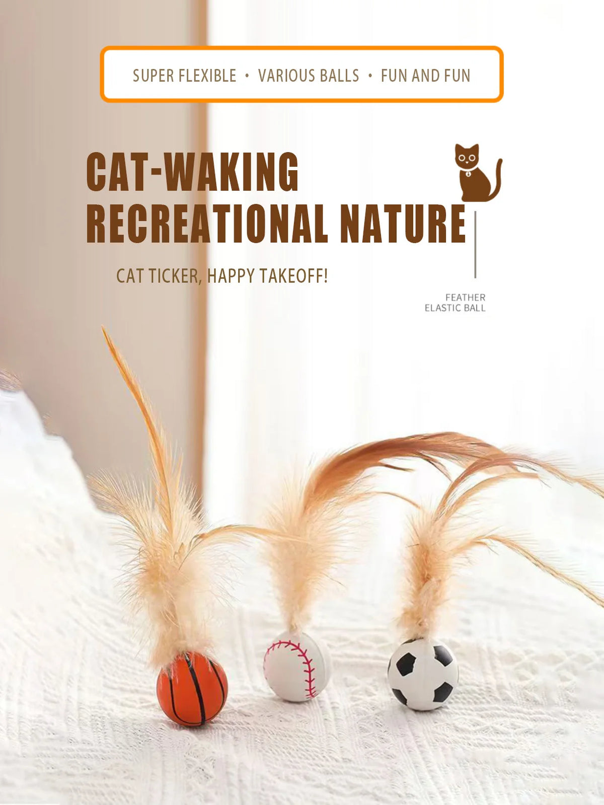 A set of three cat feather bouncy balls in orange, white, and black resting on a white fabric surface.