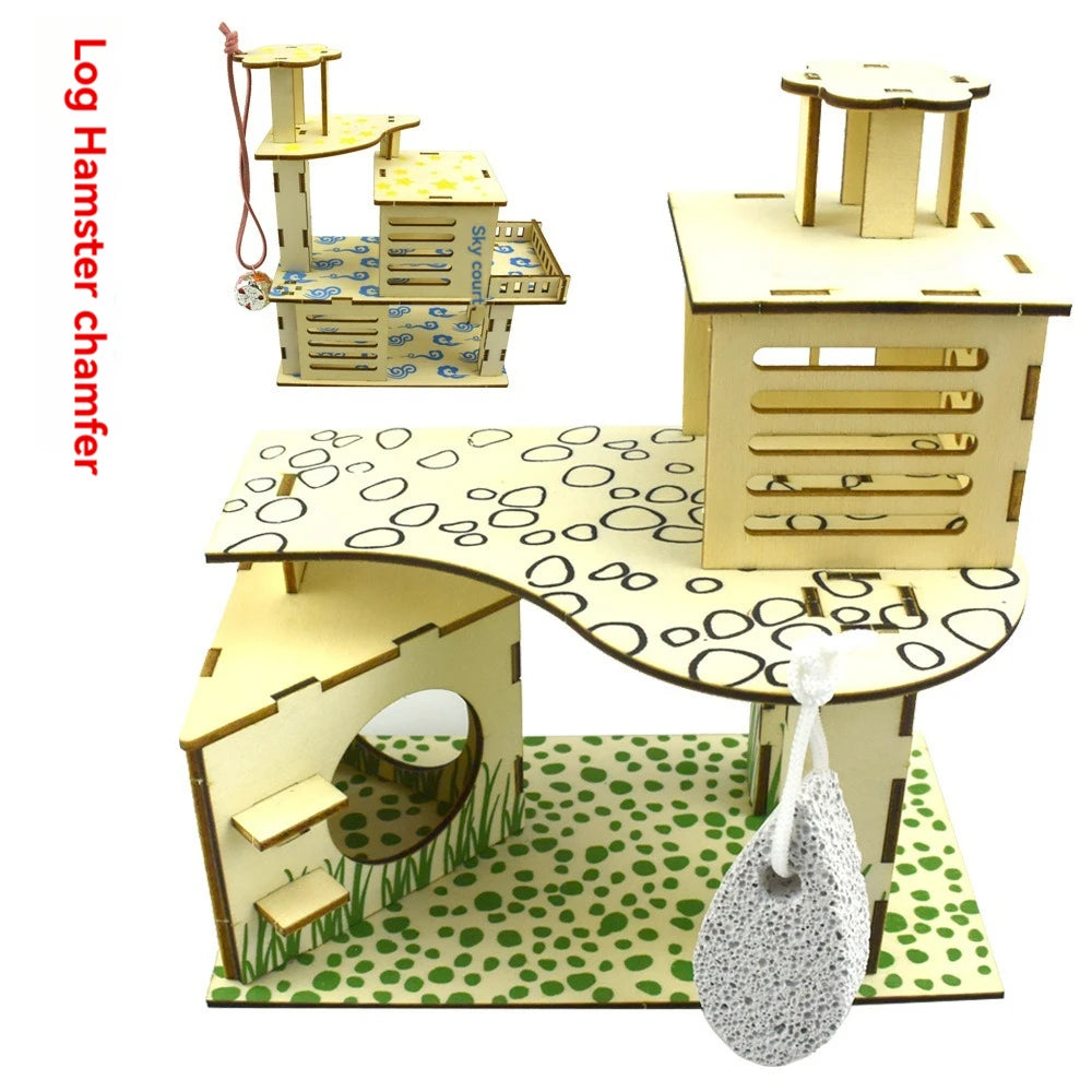 A wooden hamster chamber set featuring a platform, ladder, and nesting area on a green base.
