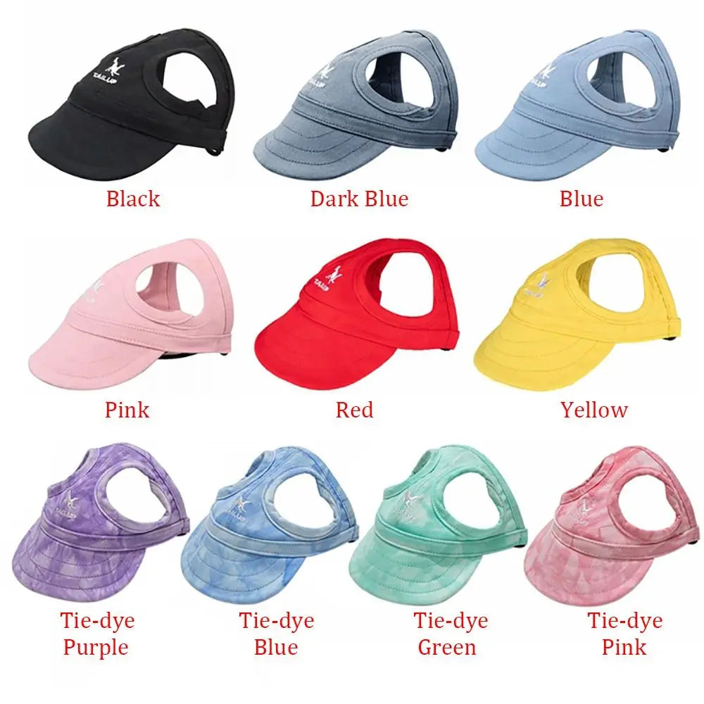 Eine Sammlung von zehn verstellbaren Hundebälle-Hüten in verschiedenen Farben, darunter schwarz, blau, rosa, rot, gelb, lila 