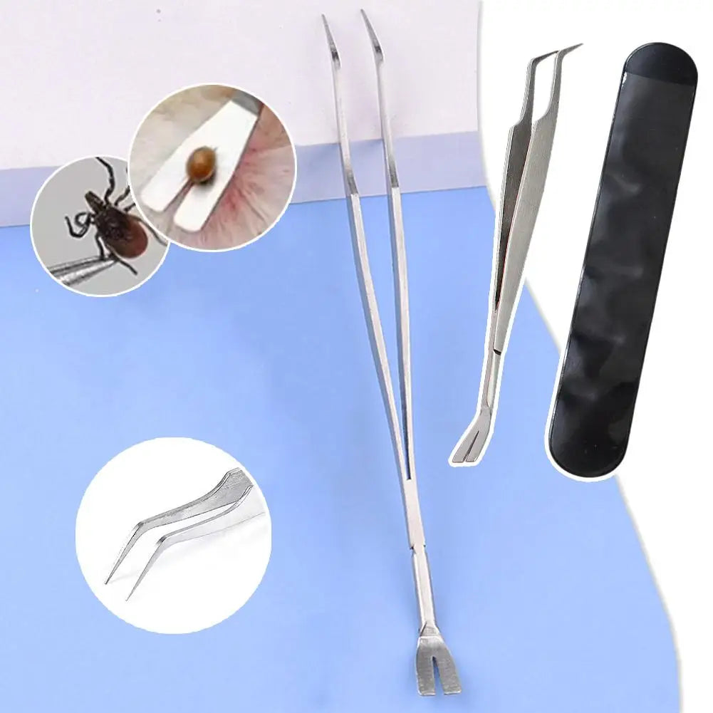 A set of precision tools for removing ticks and fleas, including tweezers and a specialized tool.