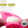A pink silicone mold is shown holding a white food item, demonstrating how to make food easier to take out.