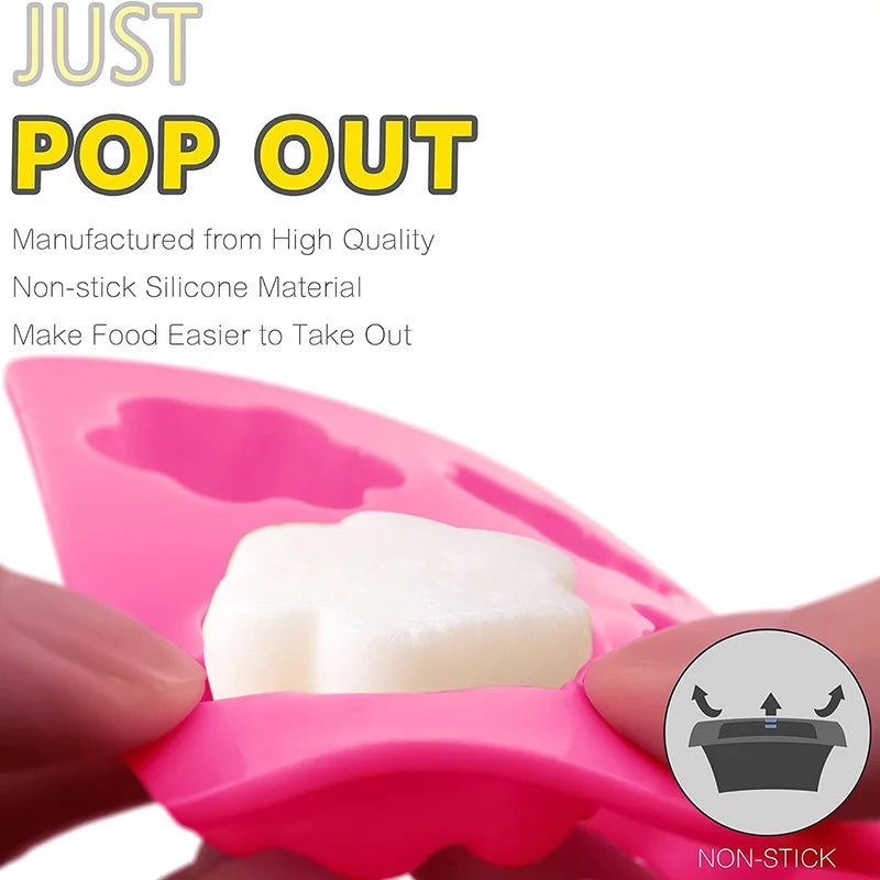 A pink silicone mold is shown holding a white food item, demonstrating how to make food easier to take out.