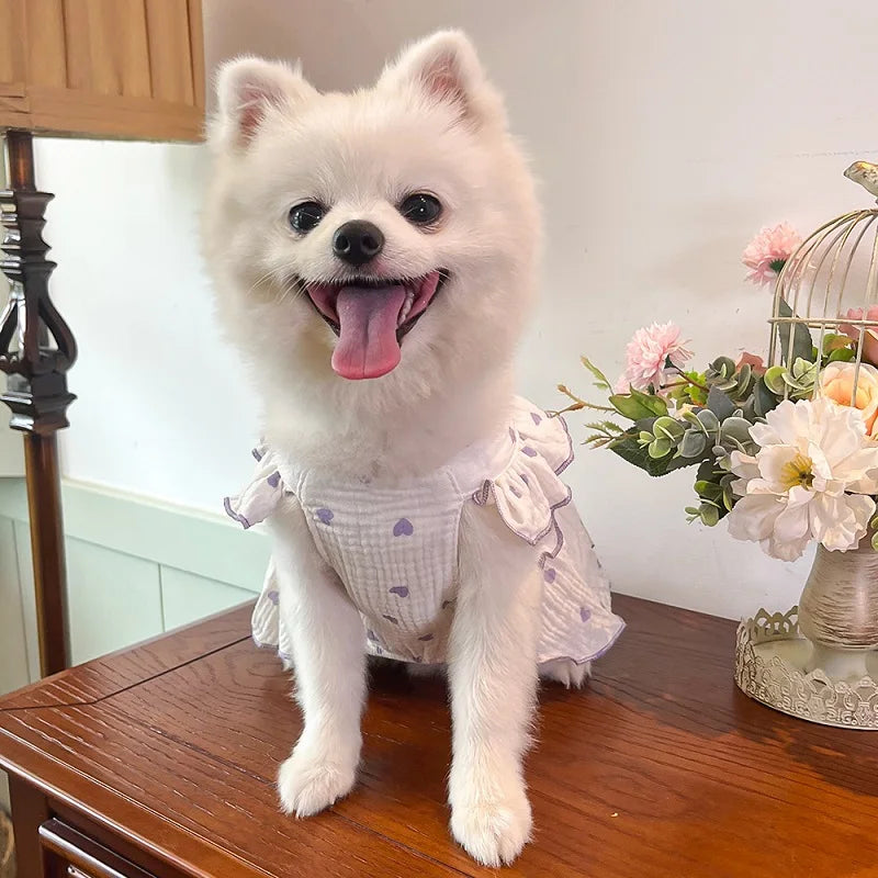 Cool Cotton Summer Dress for Small Dogs with Bow Print