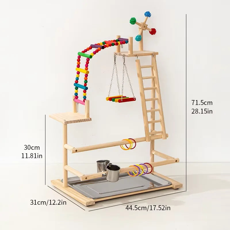 A wooden climbing platform featuring a bridge and various colorful elements for play.