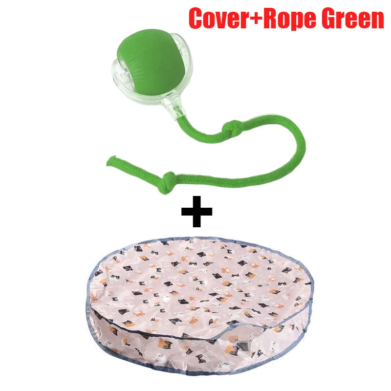 Green cover and rope toy for a cat featuring a rolling ball and pouch