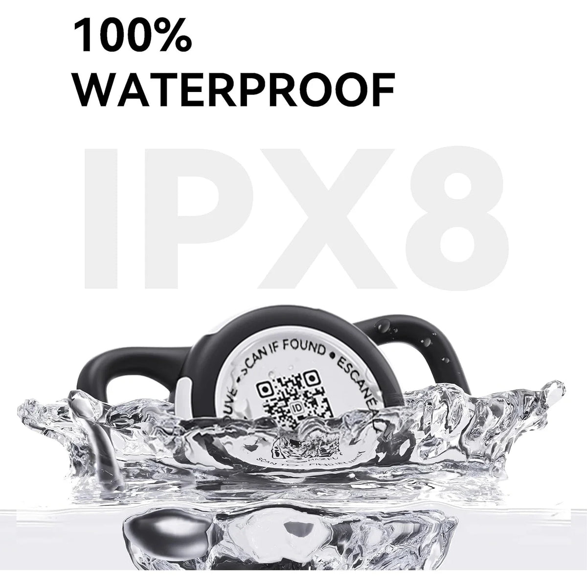 A waterproof silicone holder for an AirTag with a QR code, shown submerged in water.