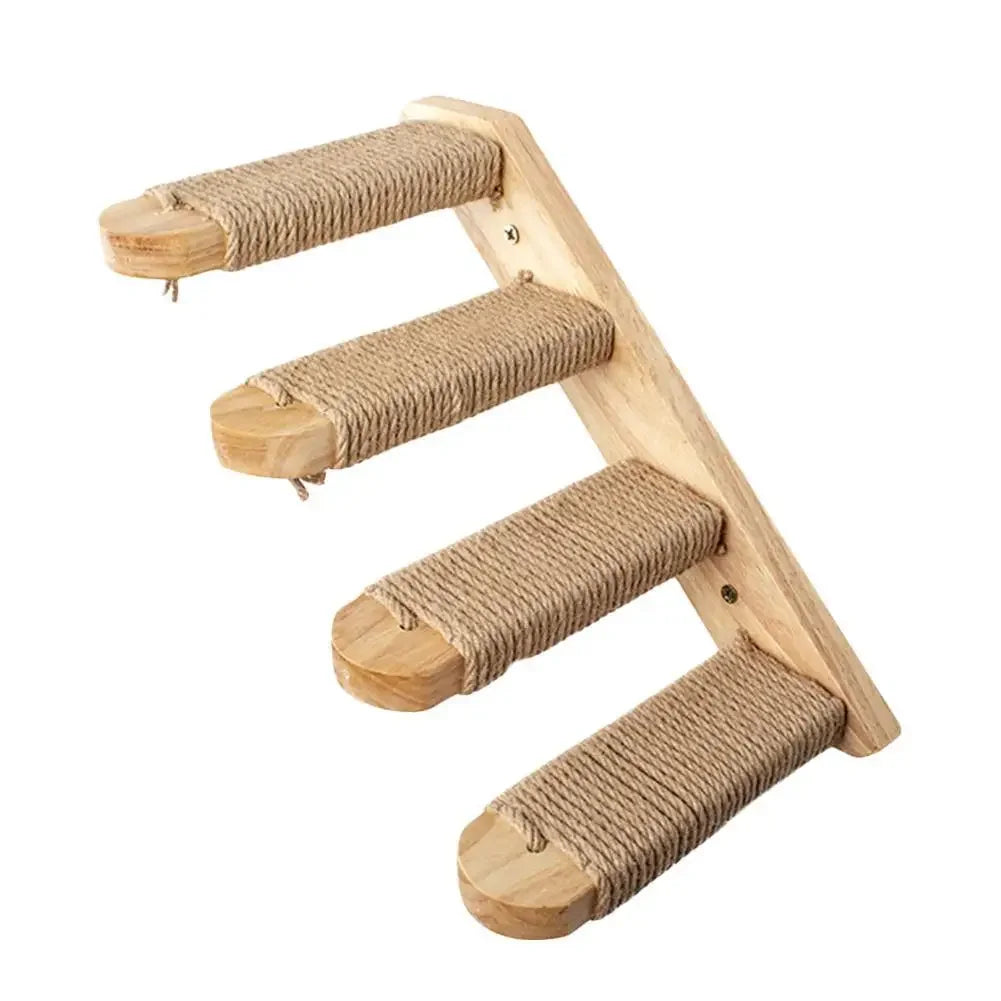 Wall-mounted wooden cat tree and hammock with natural fiber rope bedding