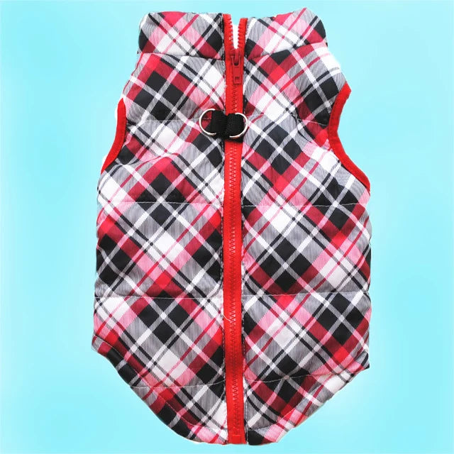 A red and black plaid dog coat for winter, featuring a zipper closure.