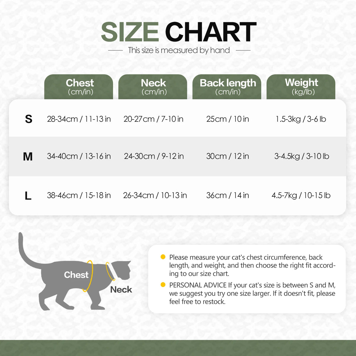 Size chart for a professional cat recovery suit showing measurements for sizes S, M, and L.