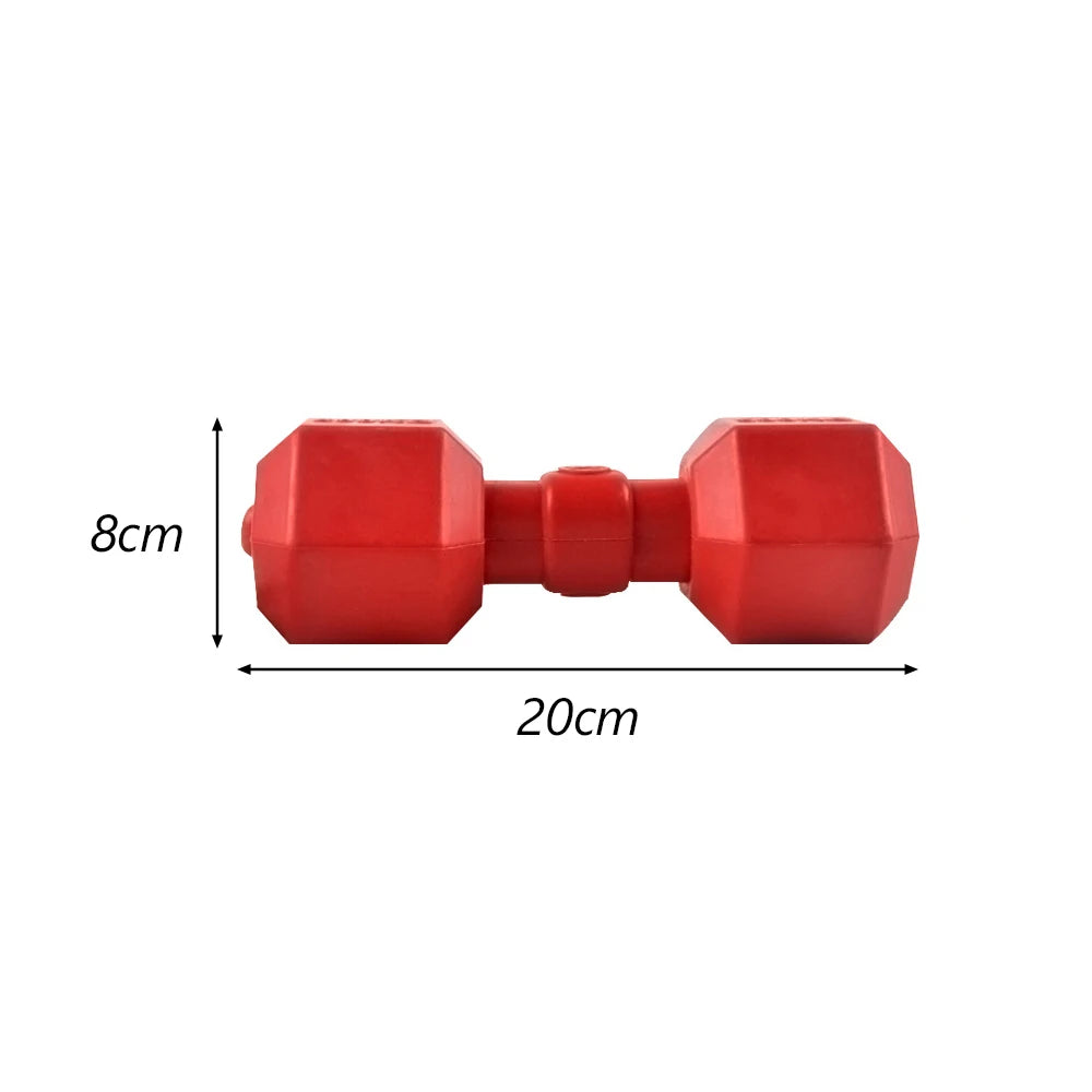 A red, elongated dog chew toy designed for teeth cleaning and gum massage.