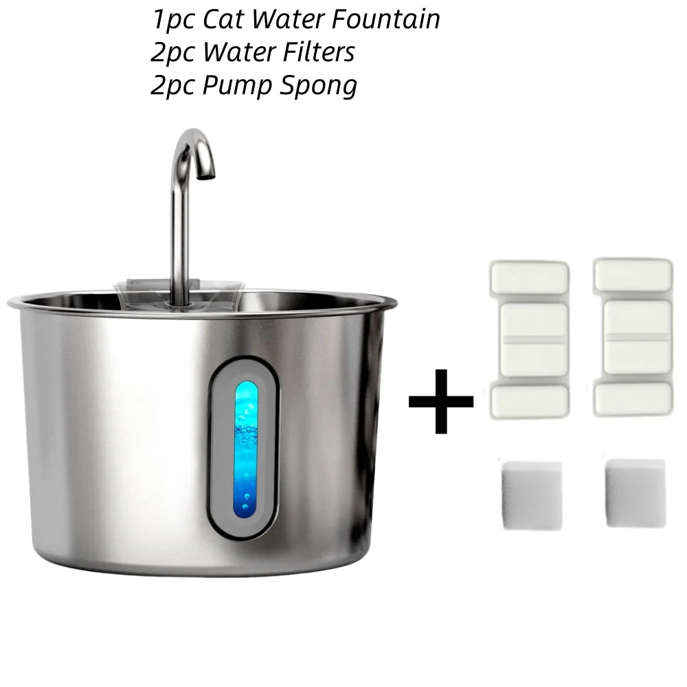 Fontaine à eau automatique pour animaux en acier inoxydable avec cruche, filtres et composants à mousse.