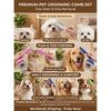 A set of pet grooming combs for tear stain and flea removal shown in before and after results.