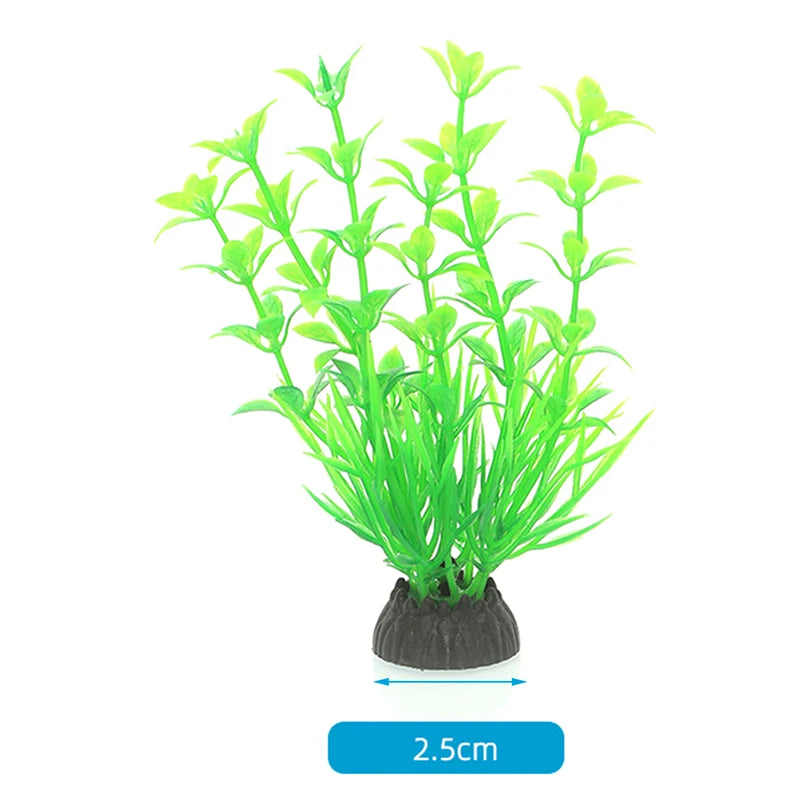 A clump of bright green artificial aquarium plants rooted in a small black pot.