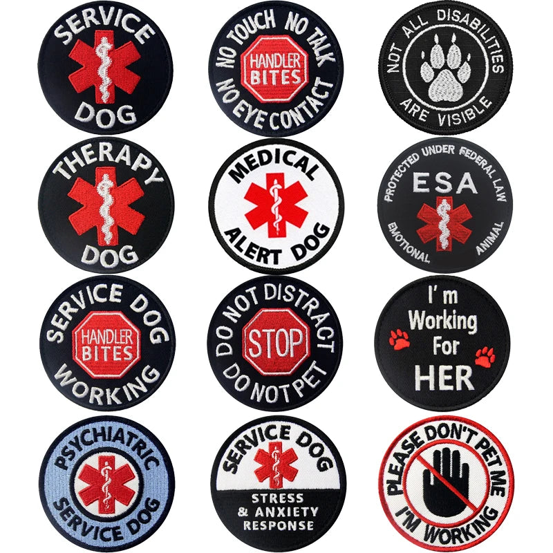 A collection of embroidered service dog training patches featuring various themes like therapy, medical alert, and psychiatri