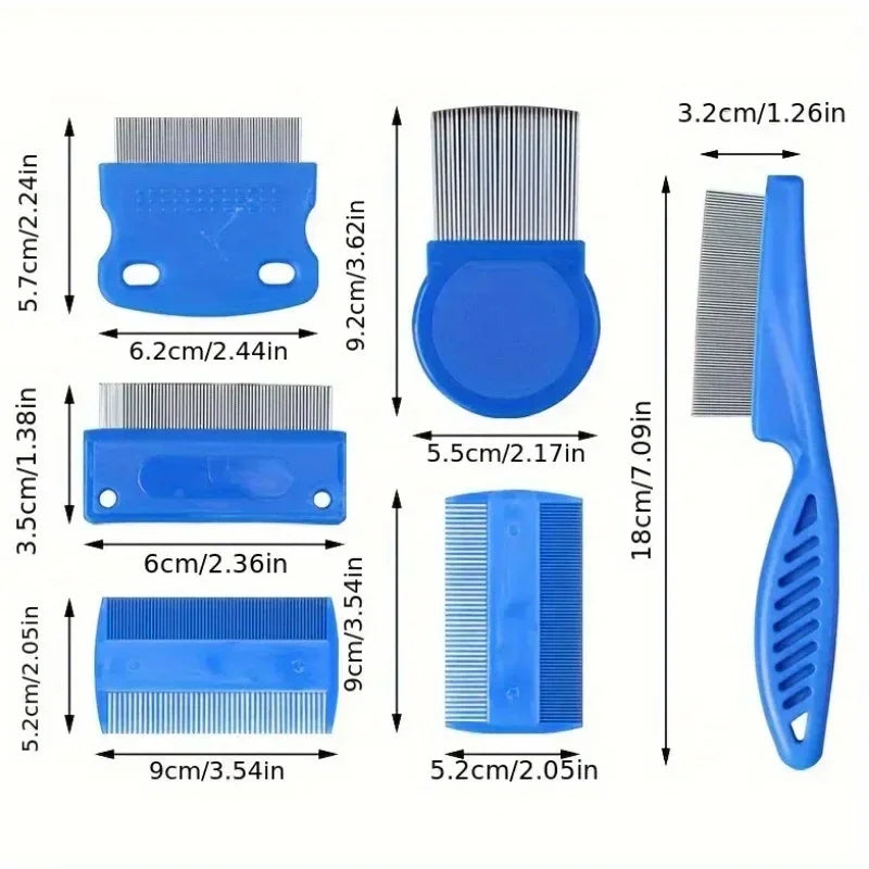 A set of blue and silver combs for lice and nit removal, showing various sizes and dimensions.