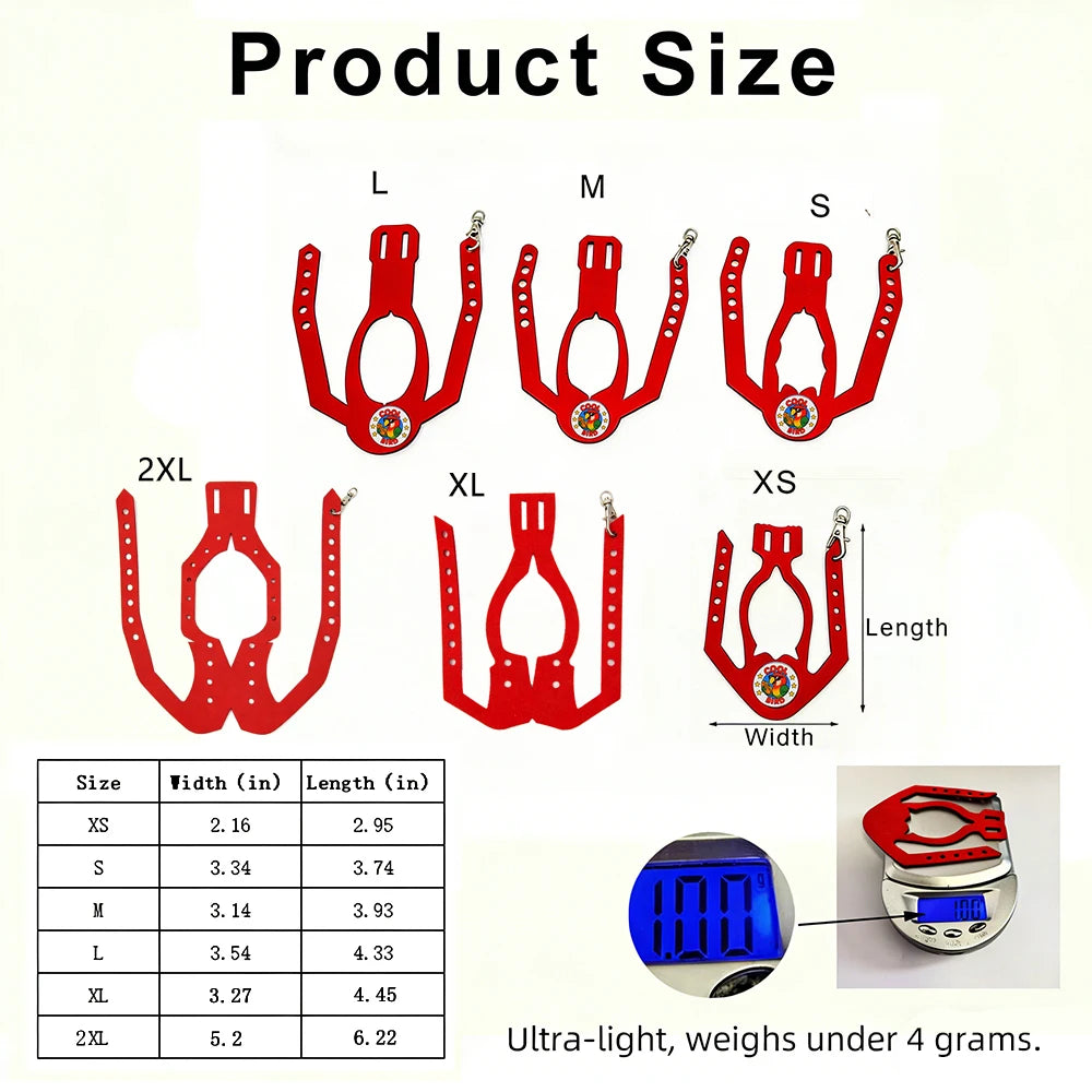 Diagram showing the size variations of an adjustable parrot harness and elastic leash set labeled XS to 2XL.