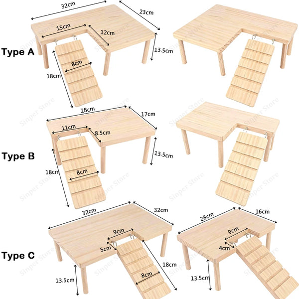L-Shaped Wooden Hamster Platform with Stairs