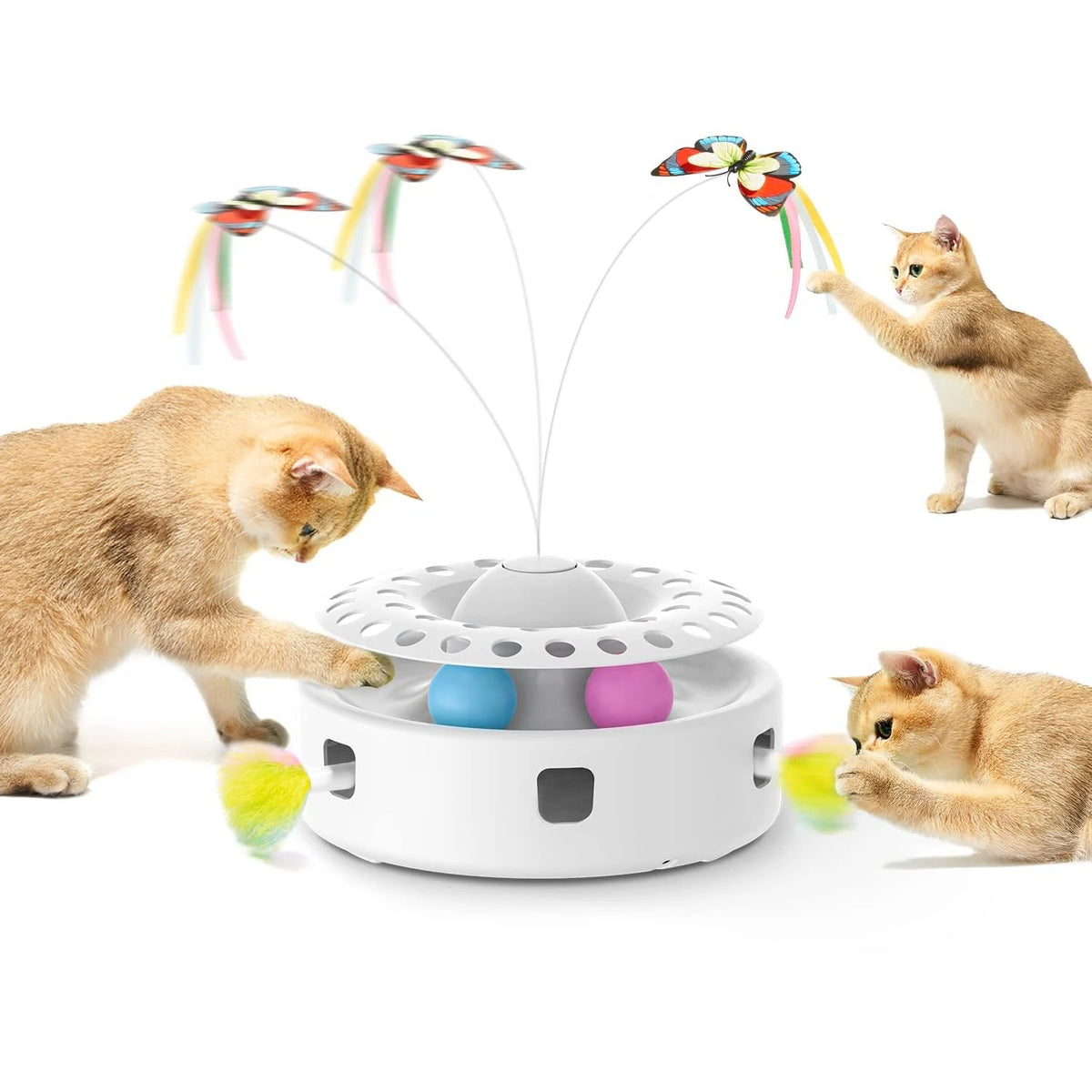 A ginger cat interacts with an electronic toy that releases fluttering butterfly and feather toys.