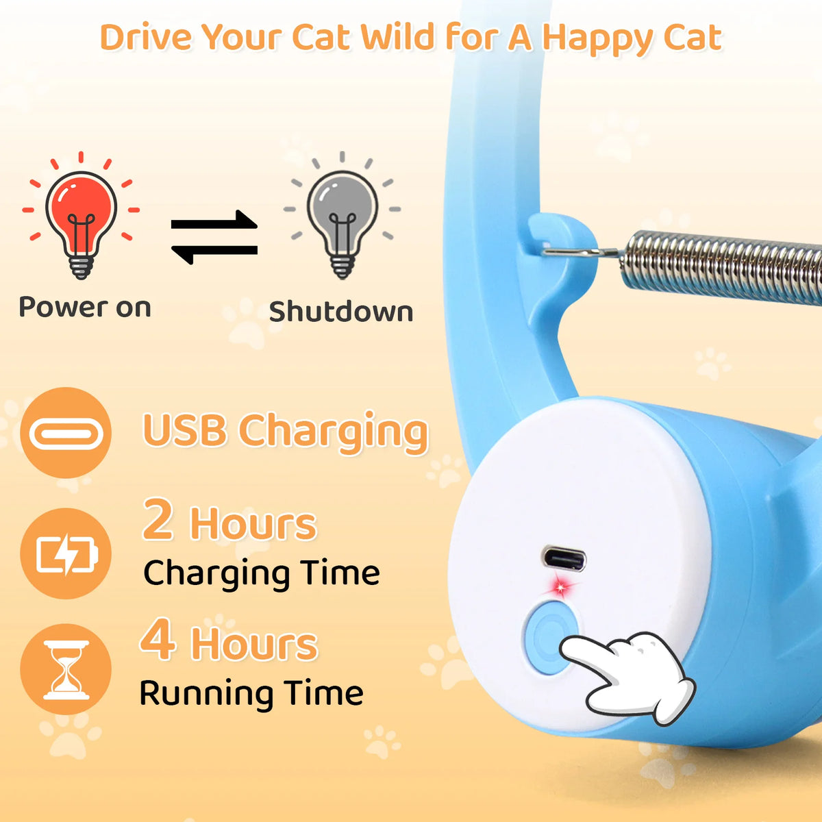 لعبة قطة أوتوماتيكية زرقاء مع خيارات التشغيل والإيقاف، تبرز الشحن عبر USB ووقت التشغيل.