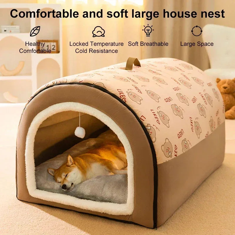 A beige house nest pet bed for dogs and cats with a cutout showing a sleeping dog.